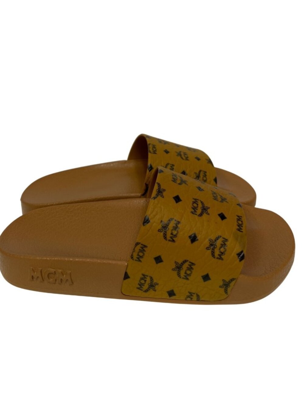 MCM Visetos Logo Slide Sandals Cognac Youth US 5 EU 35 Includes Dust Bag